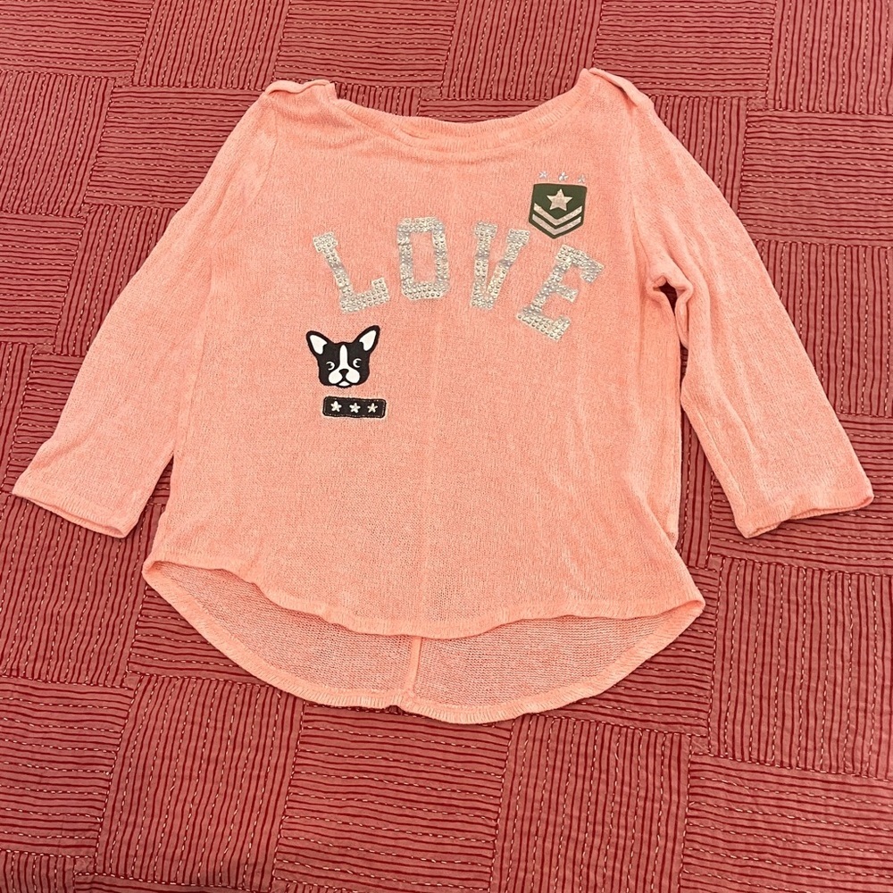 Justice Peach 3/4 length Sleeve pug Dog crewneck light knit sweater Top